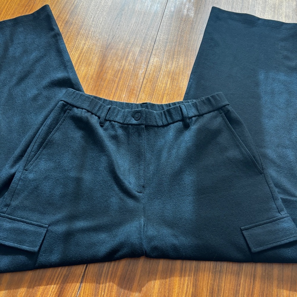 Eileen Fisher Black Wool Cargo Wide Leg High-Rise Trouser Pant Size Medium/Large